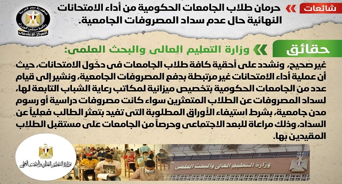 بالصور.. الحكومة تنفي حرمان طلاب الجامعات الحكومية من أداء الامتحانات النهائية حال عدم سداد المصروفات الجامعية