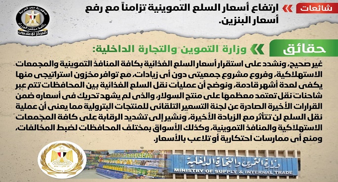 بالإنفوجراف.. الحكومة تنفي ارتفاع أسعار السلع التموينية تزامناً مع رفع أسعار البنزين
