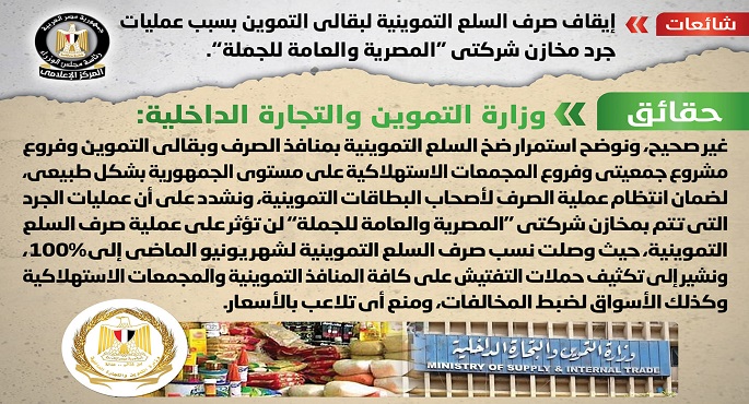 مجلس الوزراء ينفى إيقاف صرف السلع التموينية لبقالي التموين بسبب عمليات جرد مخازن شركتي “المصرية والعامة للجملة”