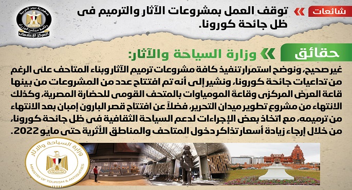 الحكومة: لا صحة لتوقف العمل بمشروعات الآثار والترميم في ظل جائحة كورونا