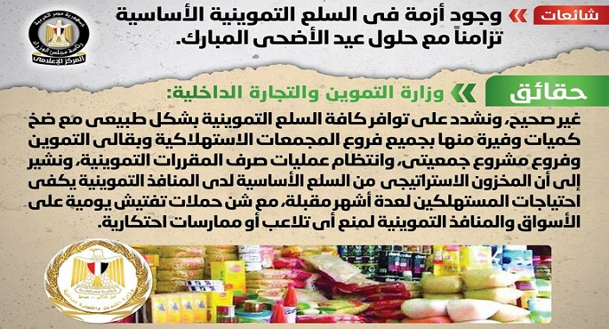 “الحكومة”: لا صحة لوجود أزمة بالسلع التموينية تزامنًا مع قرب حلول عيد الأضحى