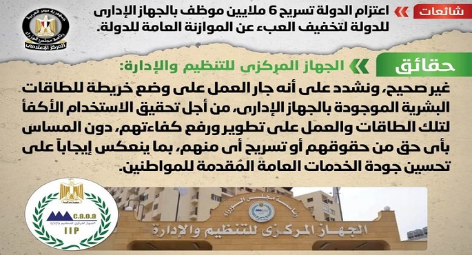 الحكومة: لا صحة لاعتزام تسريح 6 ملايين موظف بالجهاز الإداري للدولة لتخفيف العبء عن الموازنة العامة