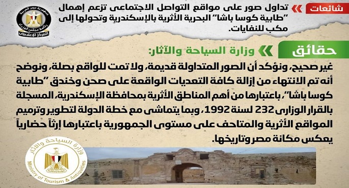 الحكومة تنفي صحة صور تزعم إهمال “طابية كوسا باشا” البحرية الأثرية بالإسكندرية وتحولها لمكب للنفايات