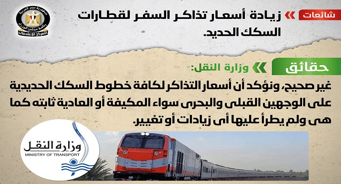 مجلس الوزراء ينفى زيادة أسعار تذاكر السفر لقطارات السكك الحديد