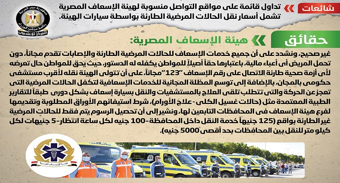 مجلس الوزراء : لا صحة لقائمة الأسعار المنسوبة لهيئة الإسعاف لنقل الحالات المرضية الطارئة بواسطة سياراتها