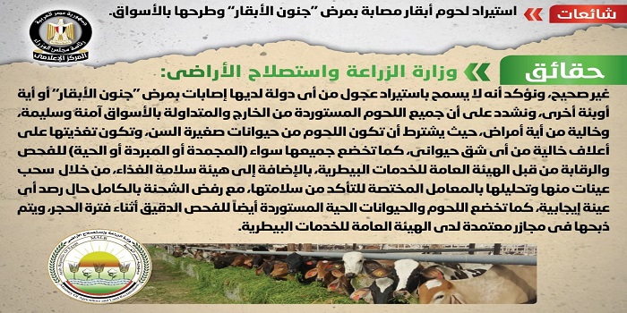 بالإنفوجراف .. مجلس الوزراء ينفي استيراد لحوم أبقار مصابة بمرض “جنون الأبقار” وطرحها بالأسواق