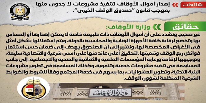 بالإنفوجراف.. الحكومة: لا صحة لإهدار أموال الأوقاف لتنفيذ مشروعات لا جدوى منها بموجب قانون “صندوق الوقف الخيري”
