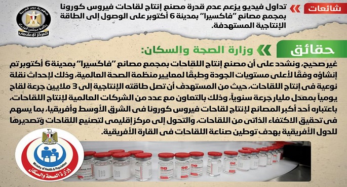 الحكومة تنفي شائعة عدم قدرة مصنع إنتاج لقاحات كورونا بفاكسيرا 6 أكتوبر على الوصول إلى الطاقة الإنتاجية المستهدفة