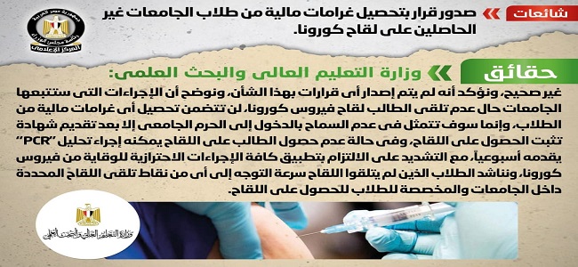 بالصور.. الحكومة تنفي صدور قرار بتحصيل غرامات مالية من طلاب الجامعات غير الحاصلين على لقاح كورونا
