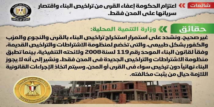 بالإنفوجراف.. مجلس الوزراء ينفي إعفاء القرى من تراخيص البناء واقتصار سريانها على المدن فقط