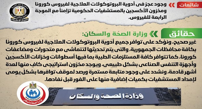 الحكومة تنفي وجود عجز بأدوية البروتوكولات العلاجية لكورونا ومخزون الأكسجين بالمستشفيات