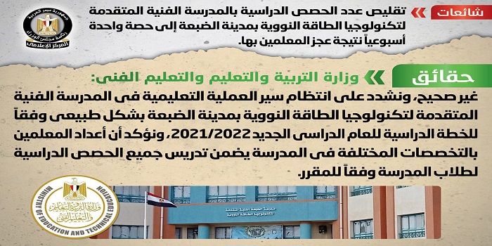 بالإنفوجراف .. مجلس الوزراء ينفي تقليص عدد الحصص الدراسية بمدرسة الطاقة النووية بالضبعة إلى حصة واحدة أسبوعياً