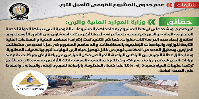 بالإنفوجراف .. مجلس الوزراء ينفي أنباء حول عدم جدوى المشروع القومي لتأهيل الترع