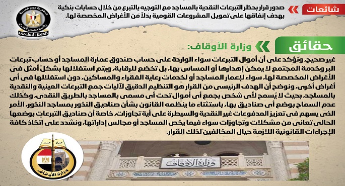الحكومة تنفي حظر التبرعات بالمساجد مع التوجيه بالتبرع من خلال حسابات بنكية بهدف إنفاقها على تمويل المشروعات القومية