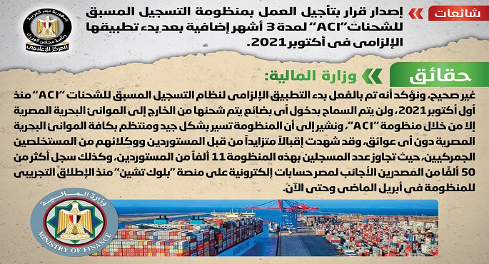 “المالية” تنفى شائعة تأجيل العمل بمنظومة التسجيل المسبق للشحنات”ACI”