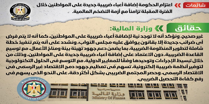 بالإنفوجراف .. مجلس الوزراء ينفي إضافة أعباء ضريبية جديدة تزامناً مع أزمة التضخم العالمية