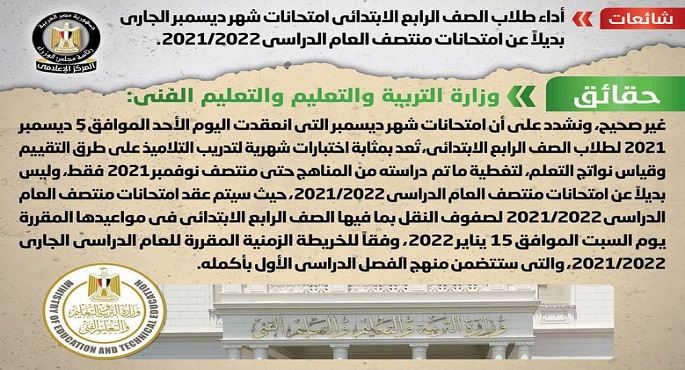 الحكومة تنفي شائعة أداء طلاب الصف الرابع الابتدائي امتحانات شهر ديسمبر الجاري بديلاً عن امتحانات منتصف العام
