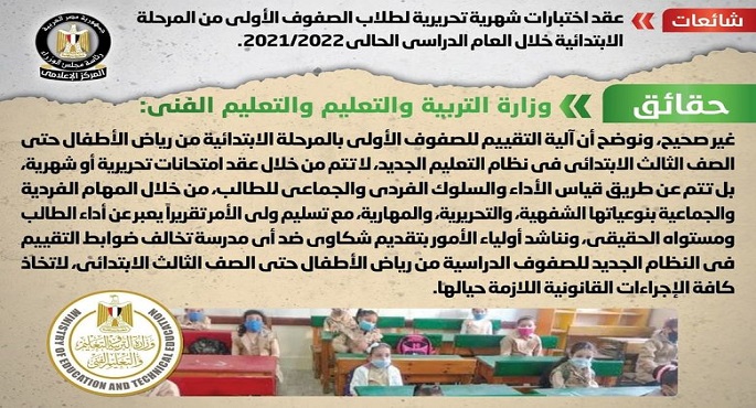 الحكومة تنفي عقد اختبارات شهرية تحريرية لطلاب الصفوف الأولى من المرحلة الابتدائية خلال العام الدراسي الحالي 2021/2022