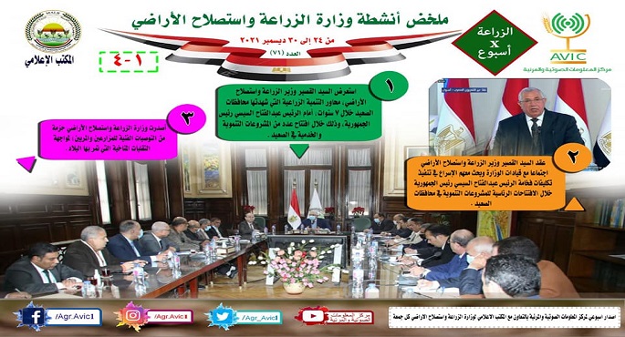 بالانفوجراف..الحصاد الأسبوعي لأنشطة وزارة الزراعة في الفترة من ٢٤ وحتى ٣٠ ديسمبر الجاري
