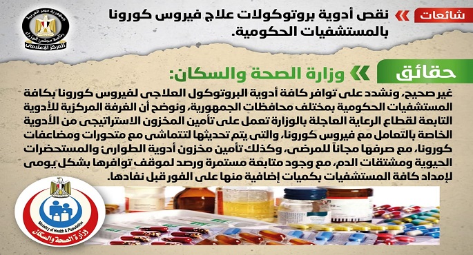 الصحة تنفي نقص أدوية بروتوكولات علاج كورونا بالمستشفيات الحكومية