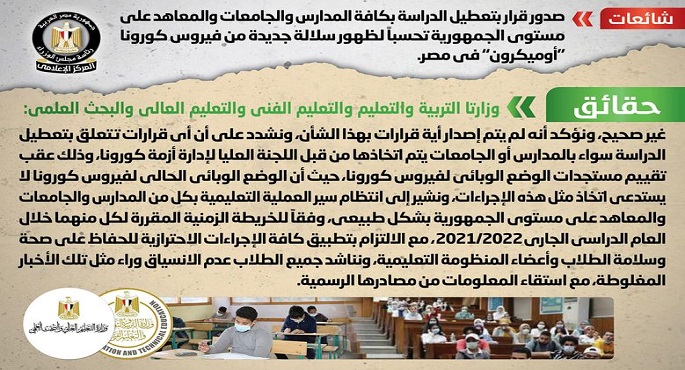 الحكومة تنفي شائعة تعطيل الدراسة بالمدارس والجامعات تحسباً لظهور متحور أوميكرون فى مصر