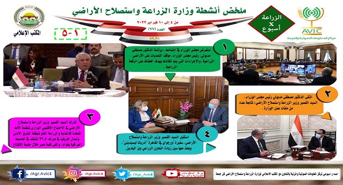 بالإنفوجراف.. الحصاد الإسبوعي لأنشطة وزارة الزراعة في الفترة من ٤ إلى ١٠ فبراير الجاري