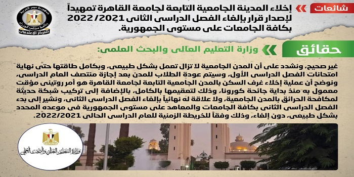 بالإنفوجراف.. الحكومة تنفي إخلاء المدينة الجامعية لجامعة القاهرة تمهيدا لإصدار قرار بإلغاء الفصل الدراسي الثاني