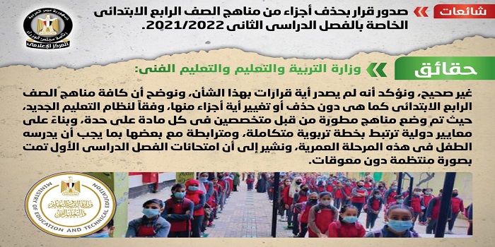 بالإنفوجراف.. الحكومة تنفي صدور قرار بحذف أجزاء من مناهج الصف الرابع الابتدائي الخاصة بالفصل الدراسي الثاني