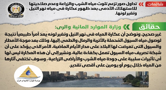 الحكومة : لا صحة لتلوث مياه الشرب والزراعة وعدم صلاحيتها للاستهلاك الآدمي