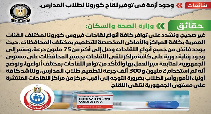 “الصحة” تنفى وجود أزمة في توفير لقاح كورونا لطلاب المدارس