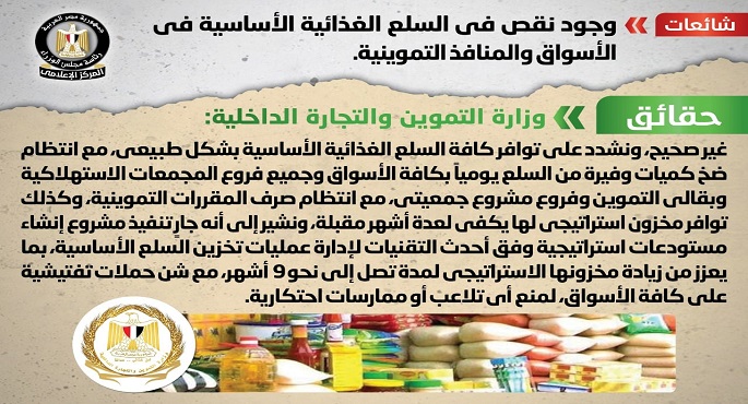الحكومة تنفي وجود نقص في السلع الغذائية الأساسية بالأسواق والمنافذ التموينية
