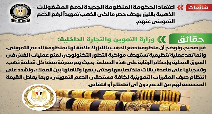 بالصور.. الحكومة تنفي الاعتماد على منظومة دمغ المشغولات الذهبية بالليزر لحصر المالكين تمهيدا لرفع الدعم التمويني عنهم