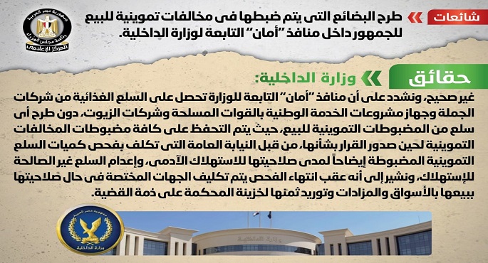 الحكومة تنفي طرح البضائع المضبوطة بمخالفات تموينية في منافذ “أمان”