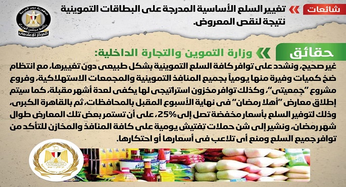 الحكومة تنفي شائعة تغيير السلع الأساسية المدرجة على البطاقات التموينية نتيجة لنقص المعروض