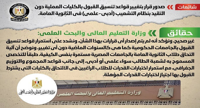 الحكومة تنفي تغيير قواعد تنسيق القبول بالكليات العملية دون التقيد بنظام التشعيب في الثانوية العامة