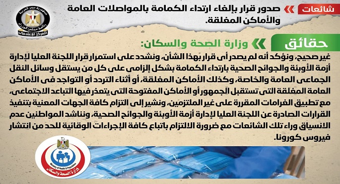 بالصور.. الحكومة تنفي صدور قرار بإلغاء ارتداء الكمامة بالمواصلات العامة والأماكن المغلقة