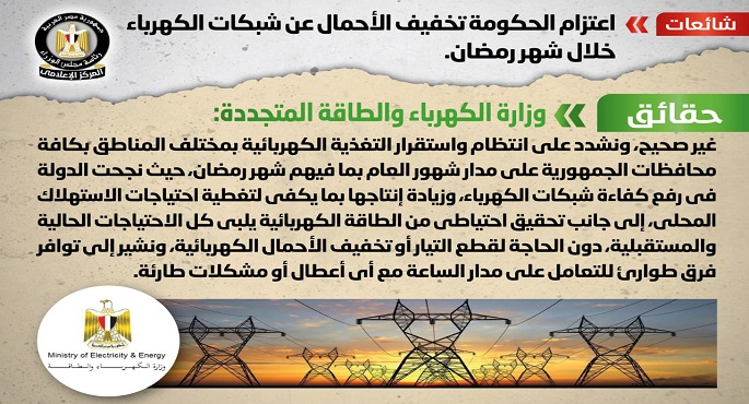 بالصور.. الحكومة: لا صحة لتخفيف الأحمال عن شبكات الكهرباء خلال شهر رمضان