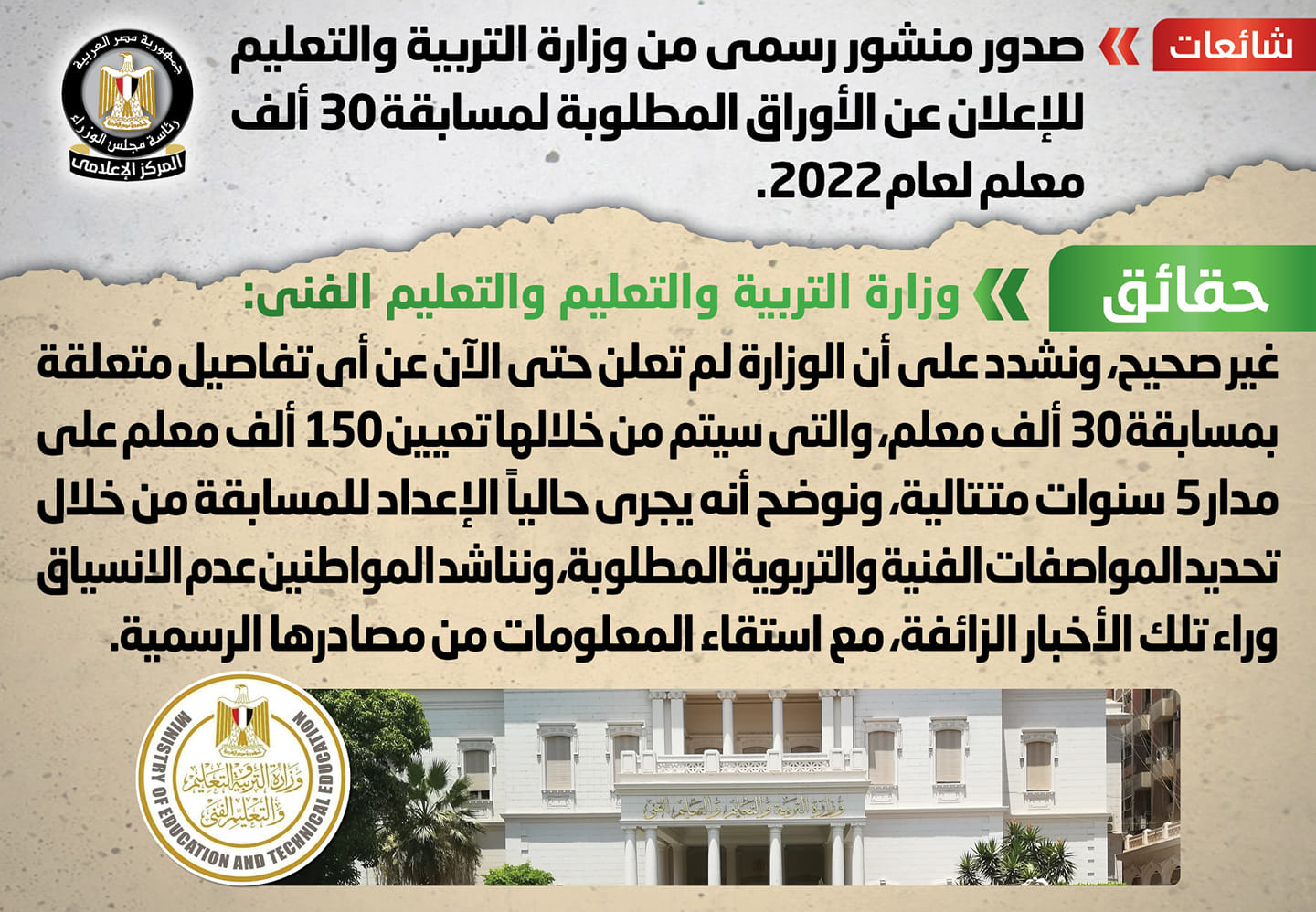 الحكومة تنفى صدور منشور رسمي من وزارة التربية والتعليم للإعلان عن الأوراق المطلوبة لمسابقة ٣٠ ألف معلم لعام ٢٠٢٢