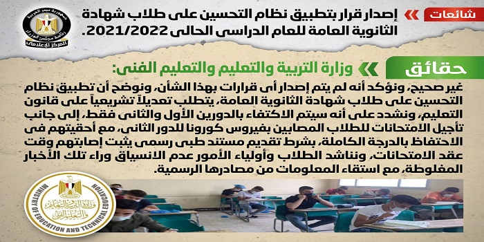 بالصور.. الحكومة تنفي إصدار قرار بتطبيق نظام التحسين على طلاب شهادة الثانوية العامة للعام الدراسي الحالي