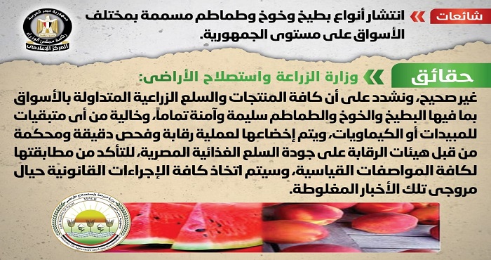 بالإنفوجراف .. مجلس الوزراء ينفي انتشار أنواع بطيخ وخوخ وطماطم مسممة بمختلف الأسواق على مستوى الجمهورية