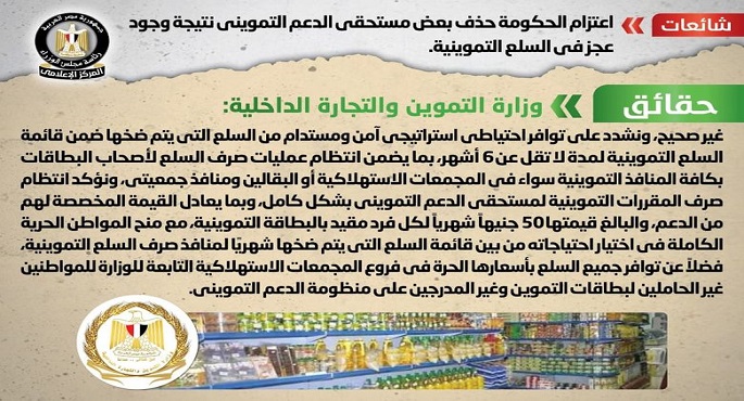 الحكومة تنفي حذف بعض مستحقي الدعم التمويني نتيجة وجود عجز في السلع التموينية