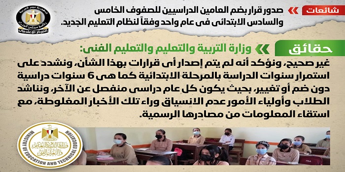 بالإنفوجراف .. مجلس الوزراء ينفي صدور قرار بضم العامين الدراسيين للصفوف الخامس والسادس الابتدائي في عام واحد