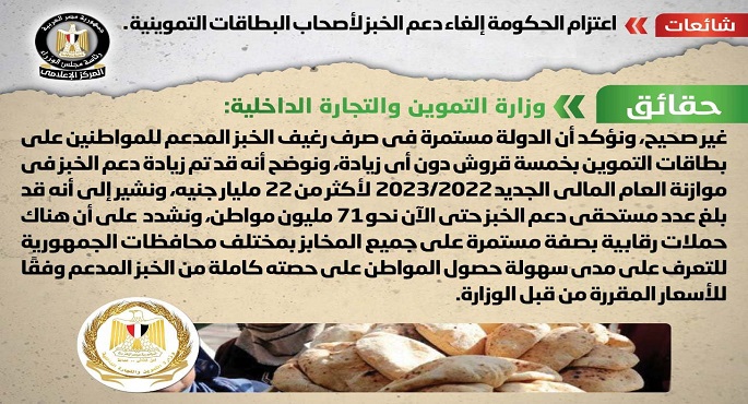 الحكومة تنفي  إلغاء دعم الخبز لأصحاب البطاقات التموينية