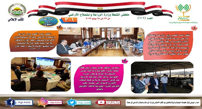 بالإنفوجراف .. الحصاد الإسبوعي لأنشطة وزارة الزراعة في الفترة من ٢٢ وحتى ٢٨ يوليو الجاري