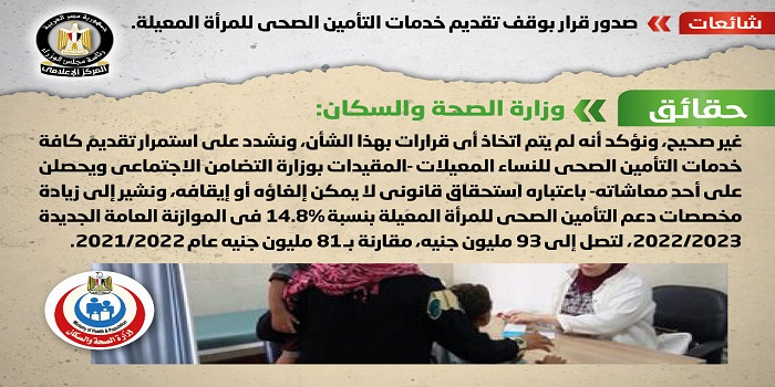 بالإنفوجراف .. مجلس الوزراء ينفي صدور قرار بوقف تقديم خدمات التأمين الصحي للمرأة المعيلة