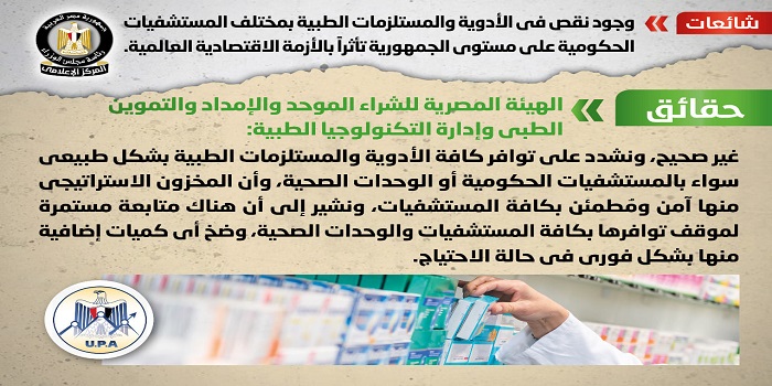 بالإنفوجراف .. مجلس الوزراء ينفي وجود نقص في الأدوية والمستلزمات الطبية بمختلف المستشفيات الحكومية
