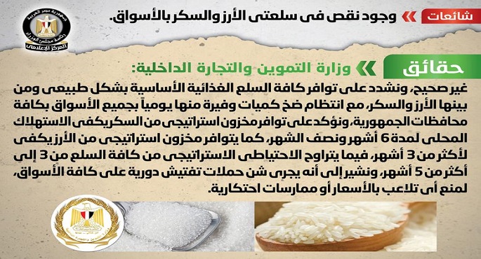 الحكومة تنفي شائعة وجود نقص في سلعتي الأرز والسكر بالأسواق
