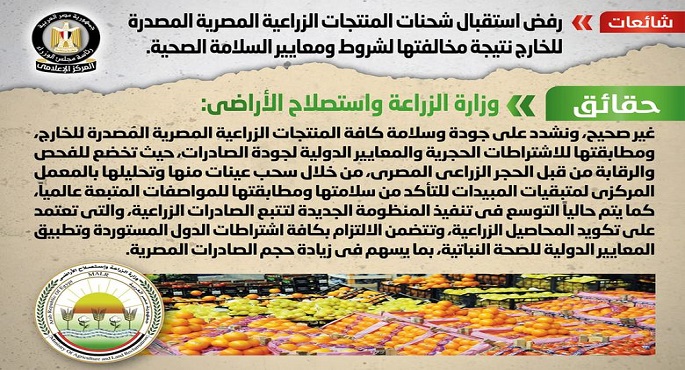 الحكومة تنفي ما تردد حول رفض استقبال منتجات زراعية مصدرة للخارج لمخالفتها الشروط الصحية