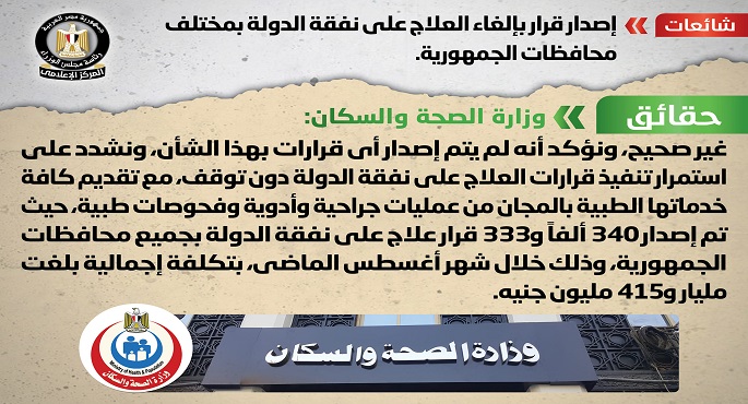 الحكومة: لا صحة لإصدار قرار بإلغاء العلاج على نفقة الدولة بمختلف محافظات الجمهورية