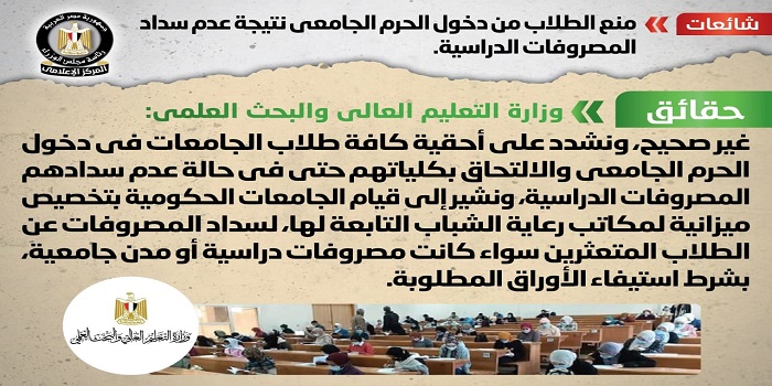 بالإنفوجراف.. الحكومة: لا صحة لمنع الطلاب من دخول الحرم الجامعي نتيجة عدم سداد المصروفات الدراسية
